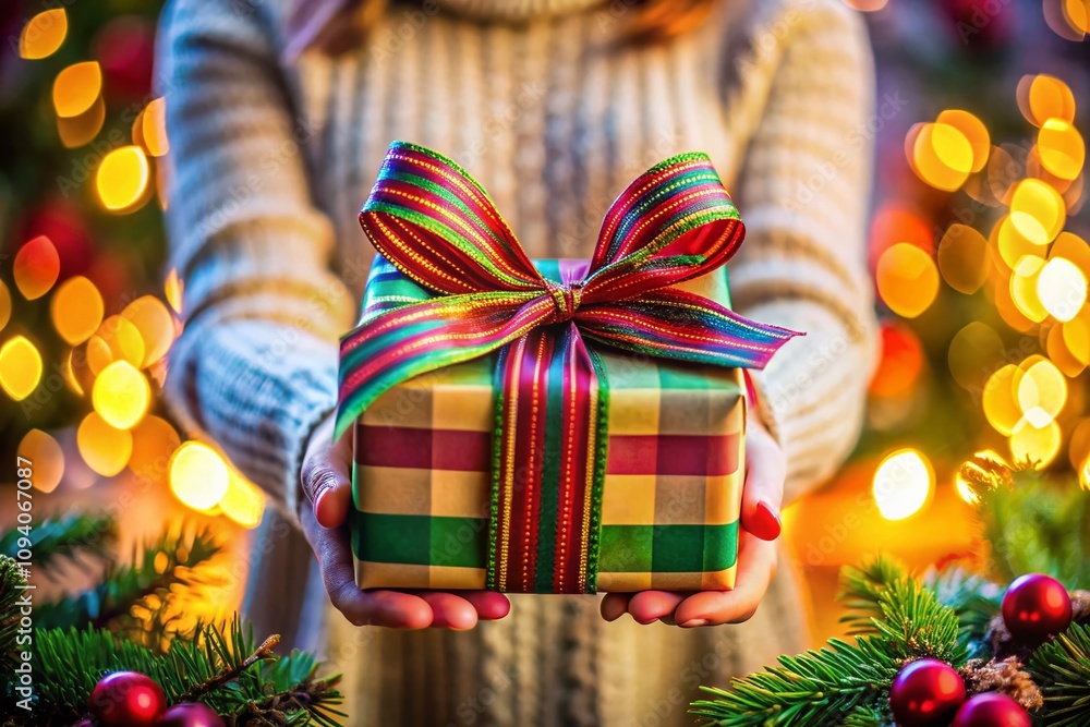 Tilt-Shift Photography of a Beautifully Wrapped Christmas Present with a Festive Greeting Card Held in Hands, Capturing the Joy of the Holiday Season and Gift Giving Tilt-Shift Photography of a Beautifully Wrapped Christmas Present with a Festive Greeting Card Held in Hands, Capturing the Joy of the Holiday Season and Gift Giving