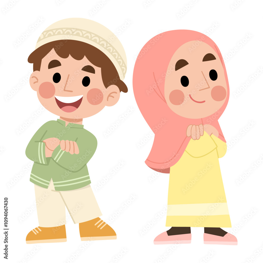 Illustration of two Muslim boys and girls posing folding arms over belly Illustration of two Muslim boys and girls posing folding arms over belly