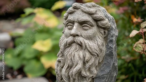 Aged Stone Sculpture of a Man in a Garden photo