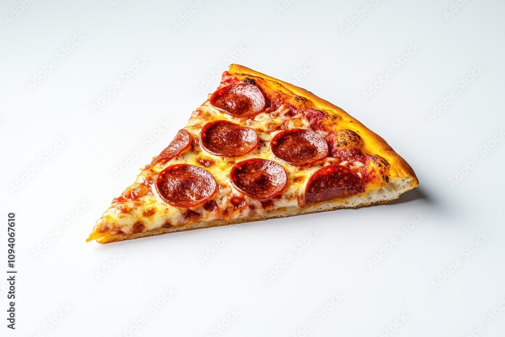 A slice of pepperoni pizza on a plain background, showcasing its toppings and crust. A slice of pepperoni pizza on a plain background, showcasing its toppings and crust.