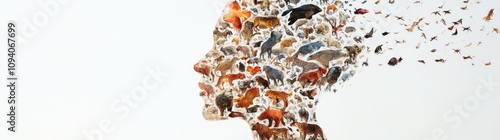 A silhouette of a human head filled with various animals, symbolizing connection to nature.