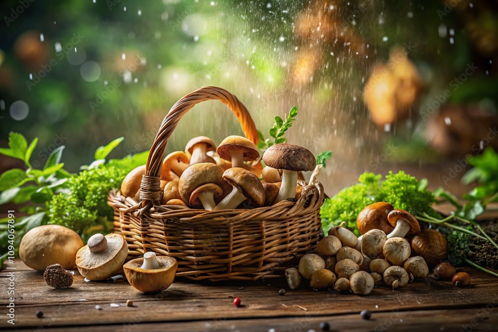 Tilt-Shift Photography of a Sprinkled Basket Filled with Fresh Mushrooms on a Rustic Wooden Table Surrounded by Greenery and Soft Natural Light Tilt-Shift Photography of a Sprinkled Basket Filled with Fresh Mushrooms on a Rustic Wooden Table Surrounded by Greenery and Soft Natural Light