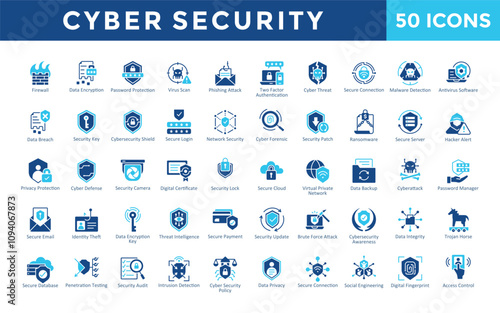 Cybersecurity icons set with firewall, data encryption, password protection, virus scan, phishing attack, two factor authentication, cyber threat, secure connection icon. Simple flat vector 
