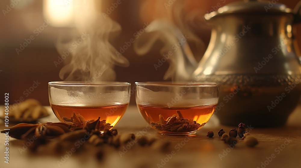 Fototapeta premium 43.A close-up of two small glass cups filled with hot masala tea, with visible steam, surrounded by spices like cloves, cardamom, and cinnamon, paired with a traditional metal kettle to evoke the