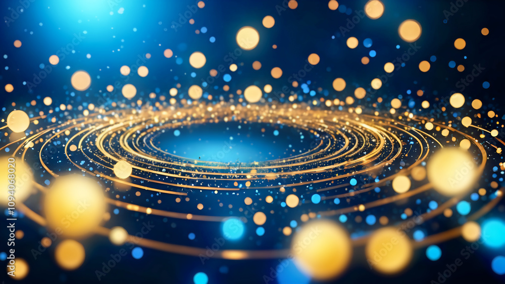 Abstract background of blue and gold blurred particles, golden concentric circles, circle bokeh lights. Symbolic orbits and stars in universe.