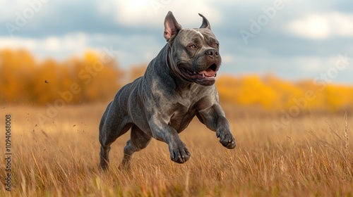 Cane Corso Dog Leaping Across Autumn Field photo