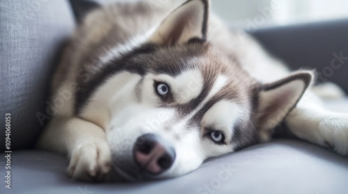 A relaxed Siberian Husky resting on a couch, showcasing its striking blue eyes and fur.