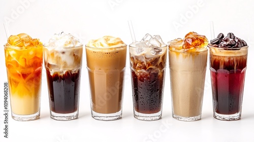 48.An assortment of cold beverages, featuring cold brew, frappes, iced coffee, and milkshakes, each in a glass cup with visible ice cubes, creamy foam, and rich colors, isolated on a crisp white