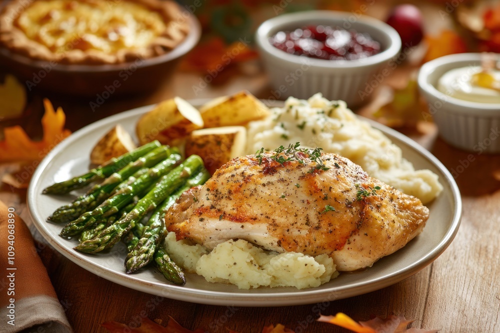 A delicious plate featuring chicken, mashed potatoes, asparagus, and pie for a festive meal. A delicious plate featuring chicken, mashed potatoes, asparagus, and pie for a festive meal.
