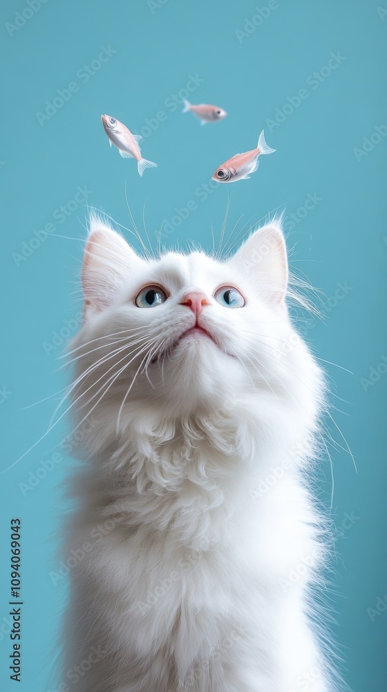 Curious White Cat Looking Up at Flying Fish on Blue Background. International Cat Day Concept.