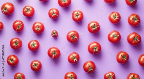 A vibrant arrangement of red tomatoes on a purple background for visual appeal.