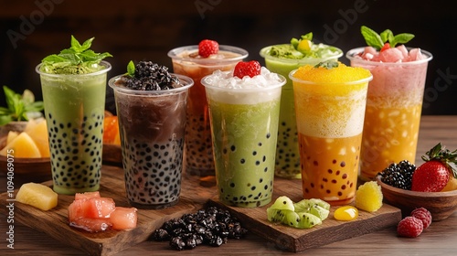 Wallpaper Mural 73.A set of various boba drinks, including classic pearl milk tea, matcha milk tea, and fruit-infused varieties, each with chewy tapioca pearls and different toppings, designed for a cafe menu with Torontodigital.ca