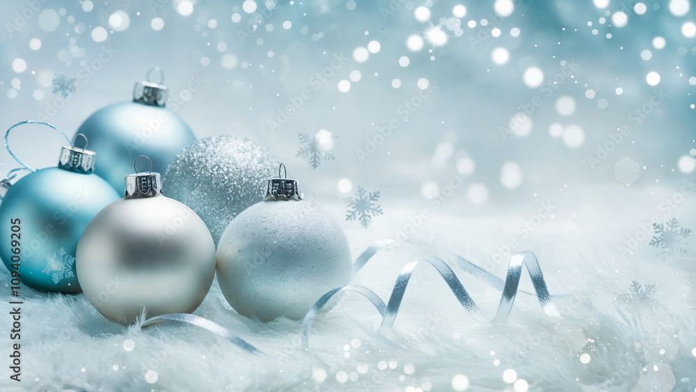 A cool and serene Christmas-themed composition with a soft icy blue background, featuring a delicate bokeh effect A cool and serene Christmas-themed composition with a soft icy blue background, featuring a delicate bokeh effect