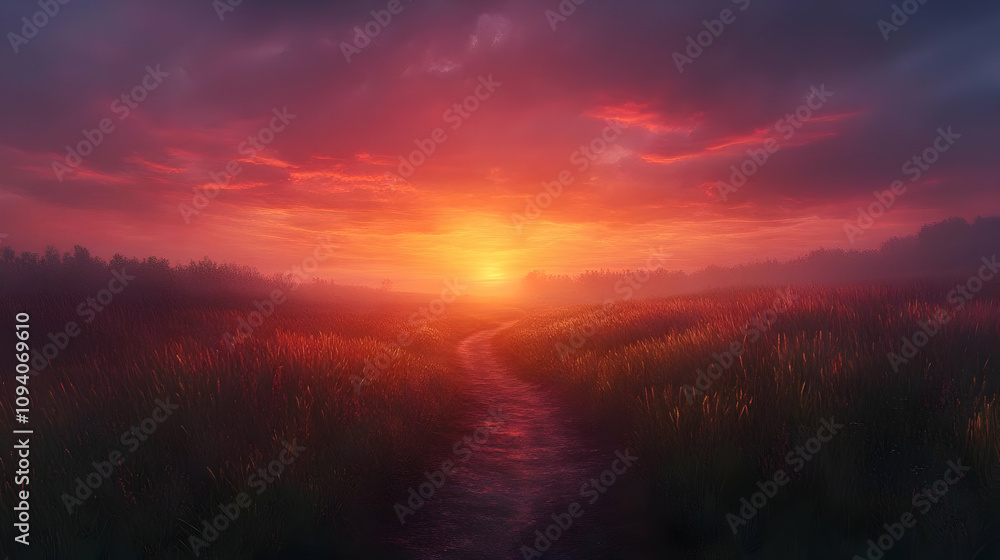 Path Through Grassy Field at Sunset - Digital Illustration
