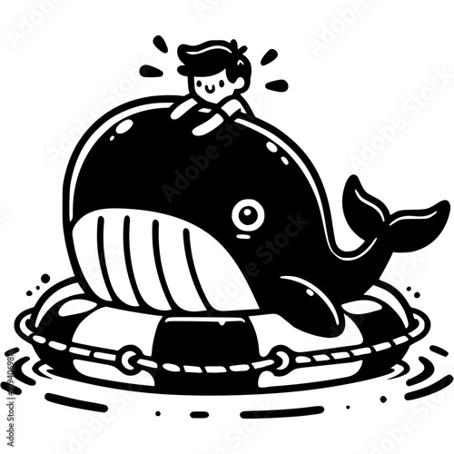 Boy saves whale swims on lifebuoy in monochrome. Simple minimalistic vector in black ink drawing on transparent background