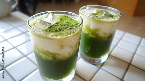 91.Two glasses of iced matcha latte, filled with layers of vibrant green matcha and creamy milk, placed on a white tiled table. The ice cubes add a refreshing touch to the close-up scene, with light