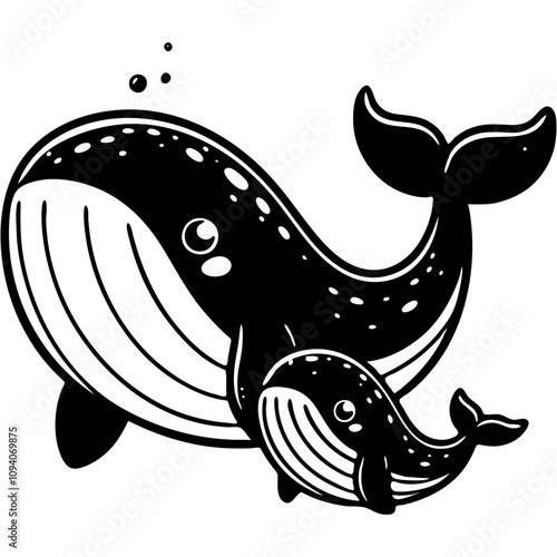 Friendly family of whales swims nearby in monochrome. Simple minimalistic vector in black ink drawing on transparent background