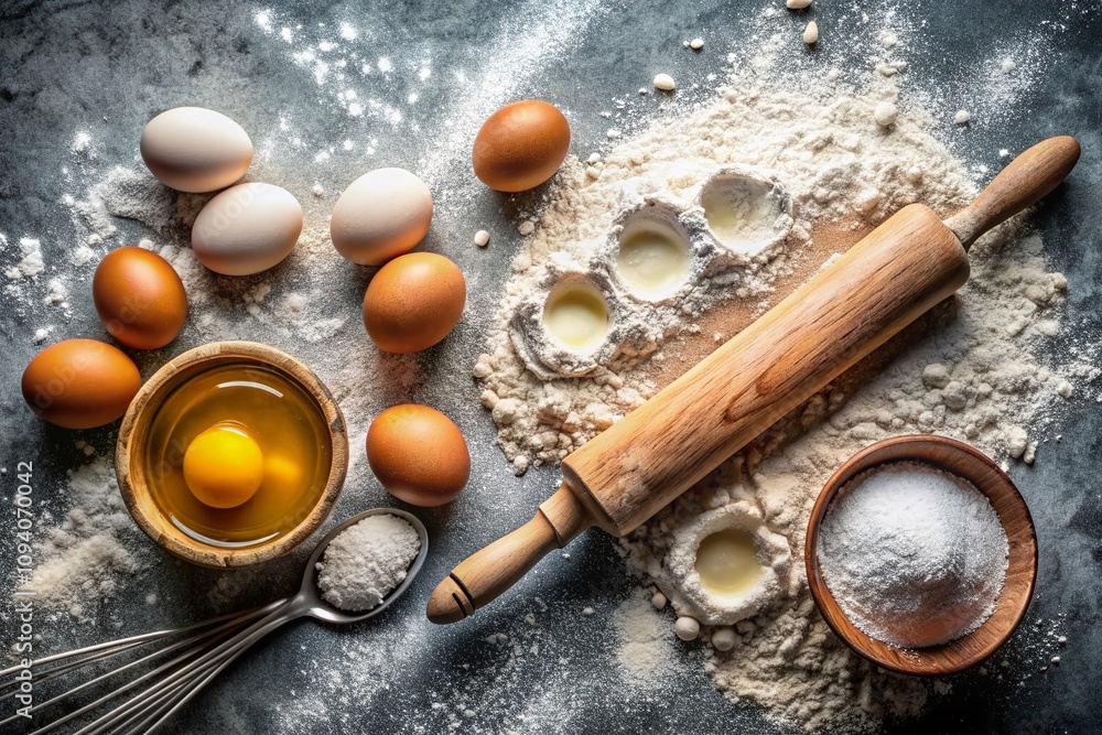 Top View of Flour, Sugar, Eggs, and a Rolling Pin on a Light Stone Table, Perfect for Baking with Natural Light and Copy Space for Recipes or Culinary Projects Top View of Flour, Sugar, Eggs, and a Rolling Pin on a Light Stone Table, Perfect for Baking with Natural Light and Copy Space for Recipes or Culinary Projects