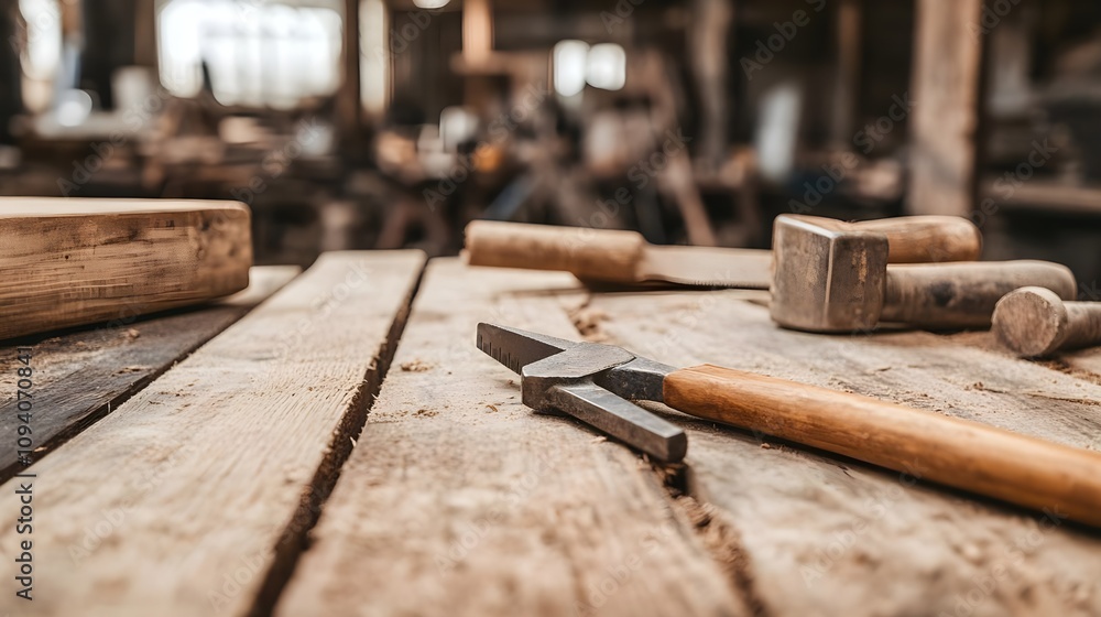 Carpenter Tools on Wooden Workbench Carpenter Tools on Wooden Workbench