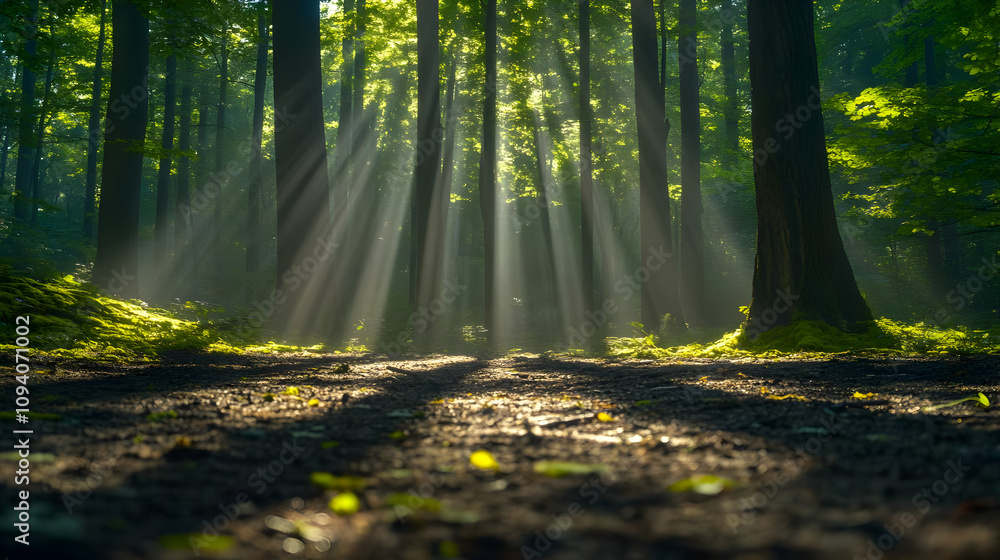 Fototapeta premium Sunlight Beams Through Dense Forest Canopy