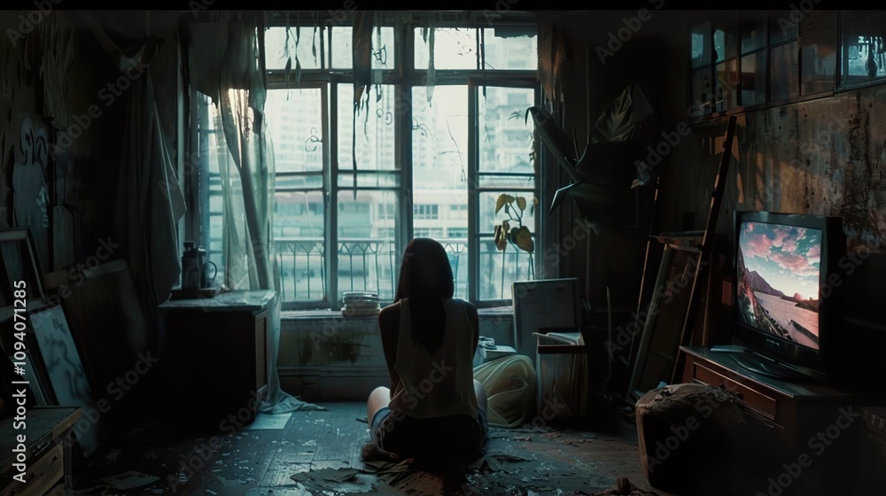 A Woman Sitting by the Window in a Dark and Gloomy Room A Woman Sitting by the Window in a Dark and Gloomy Room