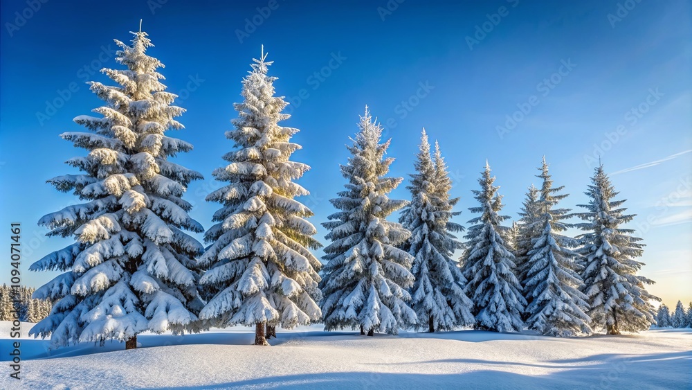 Majestic Evergreen Trees Draped in a Blanket of Sparkling Winter Snow Under a Vivid Blue Sky Majestic Evergreen Trees Draped in a Blanket of Sparkling Winter Snow Under a Vivid Blue Sky