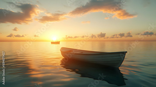 Sunset Sea with Small Boat Illustration