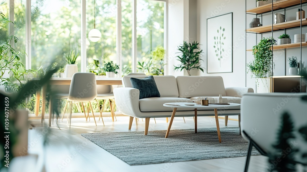 A living room with a white couch, a coffee table, and a few potted plants A living room with a white couch, a coffee table, and a few potted plants