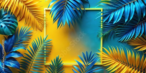 Vibrant Tropical Foliage Bordering a Bright Yellow and Teal Background with Illuminated Frame