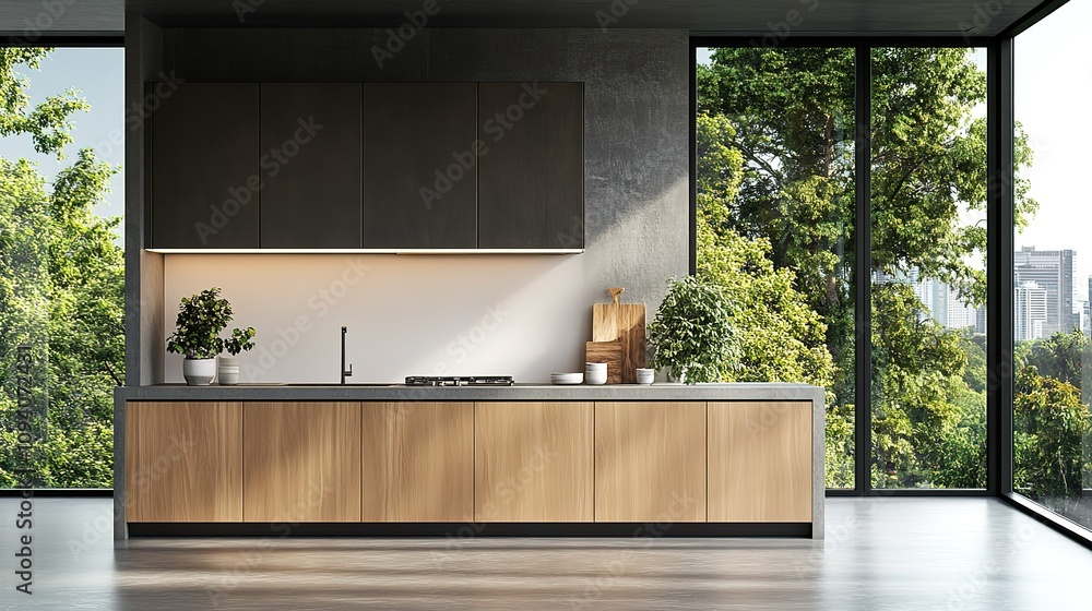 A kitchen with a large window and a wooden countertop A kitchen with a large window and a wooden countertop
