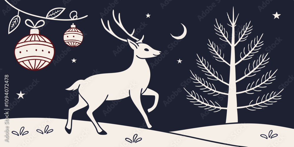 Festive card with a deer, Christmas balls and a tree on a dark background. Greeting horizontal card vector illustration.
Festive card with a deer, Christmas balls and a tree on a dark background. Greeting horizontal card vector illustration.