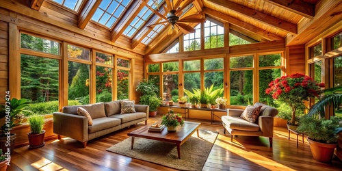 Tranquil Inside of a Wooden Garden House with Natural Light Streaming Through Windows and Lush Greenery Surrounding the Space