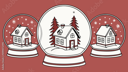 Set of Glass snow globe Christmas decorative design. Podium under transparent glass dome with white snowdrift, glow garland. Xmas red round scene. Red and white Studio. Stand for Promotion Product
