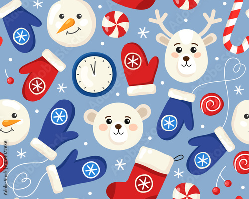 Seamless Christmas pattern with mittens, snowmen, candies, clock, cute bear and deer on a blue background. New Year's pattern for wrapping paper, textile, print.