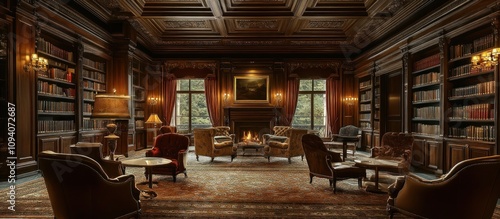Wallpaper Mural Luxurious library with a fireplace, comfortable chairs, and bookcases. Torontodigital.ca
