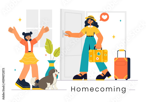 Homecoming Vector Illustration featuring a Joyous Moment of Reunion, Welcoming Someone Back Home in a Flat Style Cartoon Background