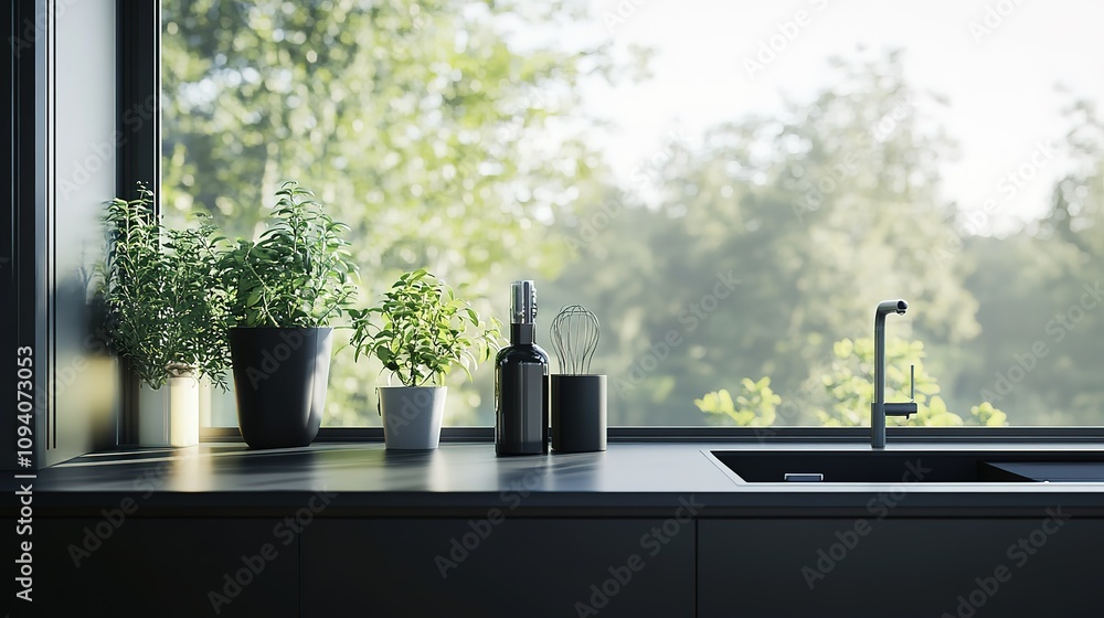 A kitchen counter with a potted plant, a bottle of olive oil, and a whisk A kitchen counter with a potted plant, a bottle of olive oil, and a whisk