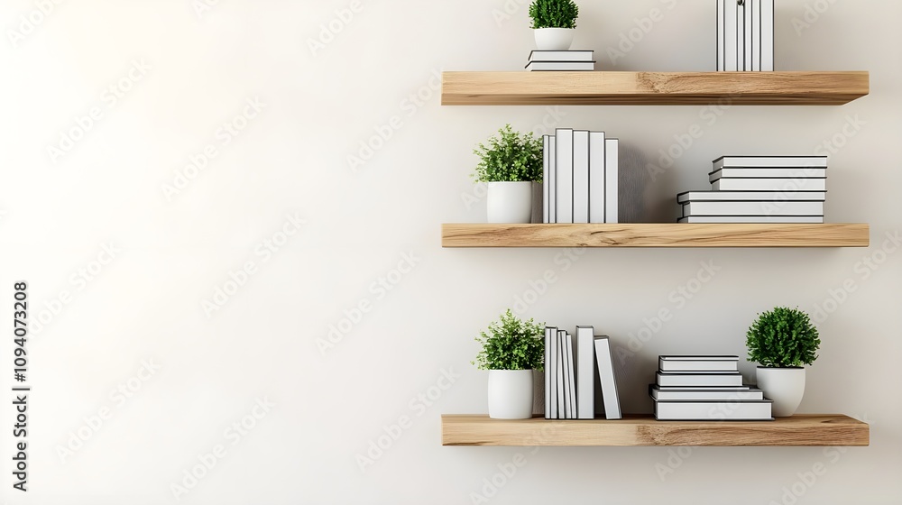 Modern Wooden Shelves with Books and Plants Modern Wooden Shelves with Books and Plants