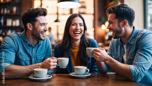 couple in cafe, Friends laughing over coffee, with a cozy café ambiance softly blurred around them