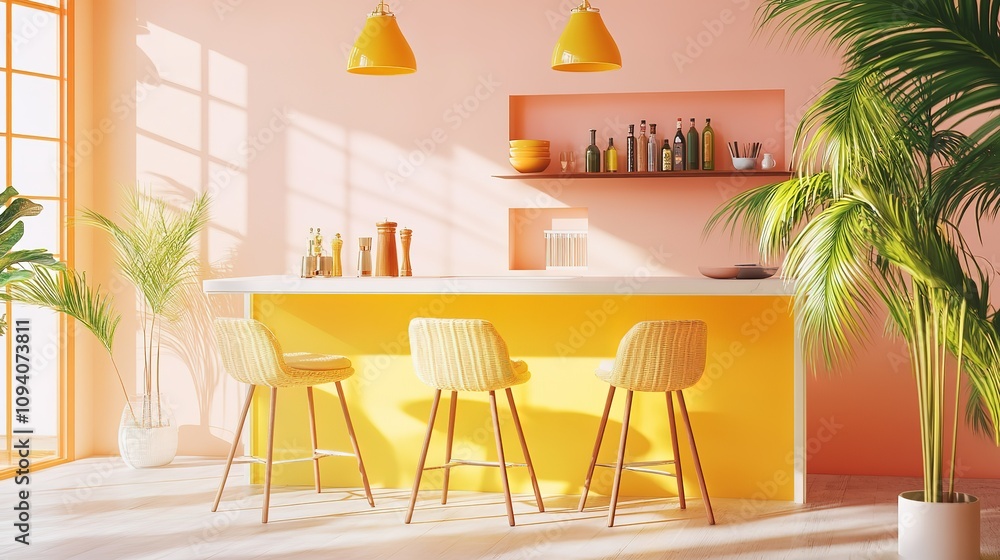Obraz premium A bright yellow kitchen with a counter and three yellow chairs