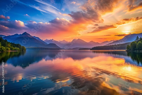 Wallpaper Mural Tranquil Sunset Over a Serene Lake and Majestic Mountains with Stunning Reflections, Perfect for Minimalist Photography Lovers and Landscape Art Enthusiasts Torontodigital.ca