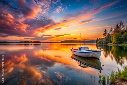 Tranquil Sunset Over Still Lake with Moored Boat in Right Position and Expansive Copy Space for Nature and Travel Themes