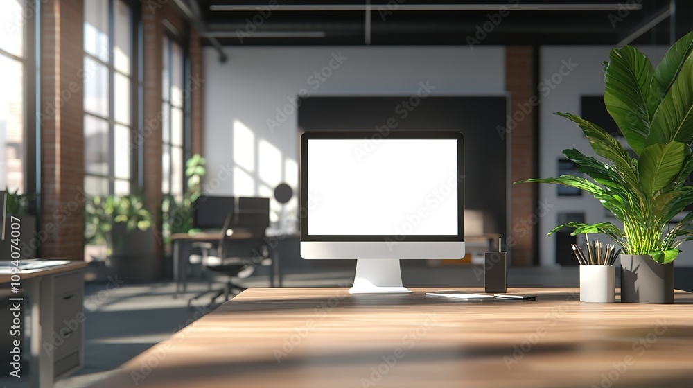 A computer monitor sits on a desk in a room with a large window A computer monitor sits on a desk in a room with a large window