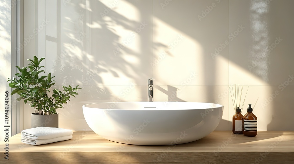 A white sink with a plant next to it A white sink with a plant next to it