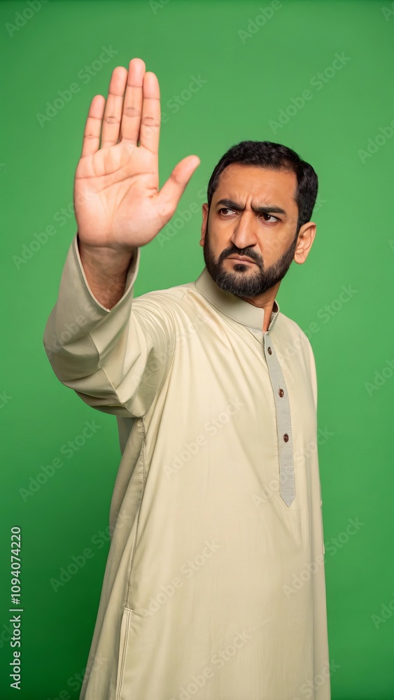 Naklejka premium Serious man making stop gesture against green background