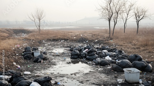 33.A landscape of trash bins surrounded by piles of black plastic bags filled with waste, scattered across a nature reserve. The stark contrast between the clean background and the pollution is