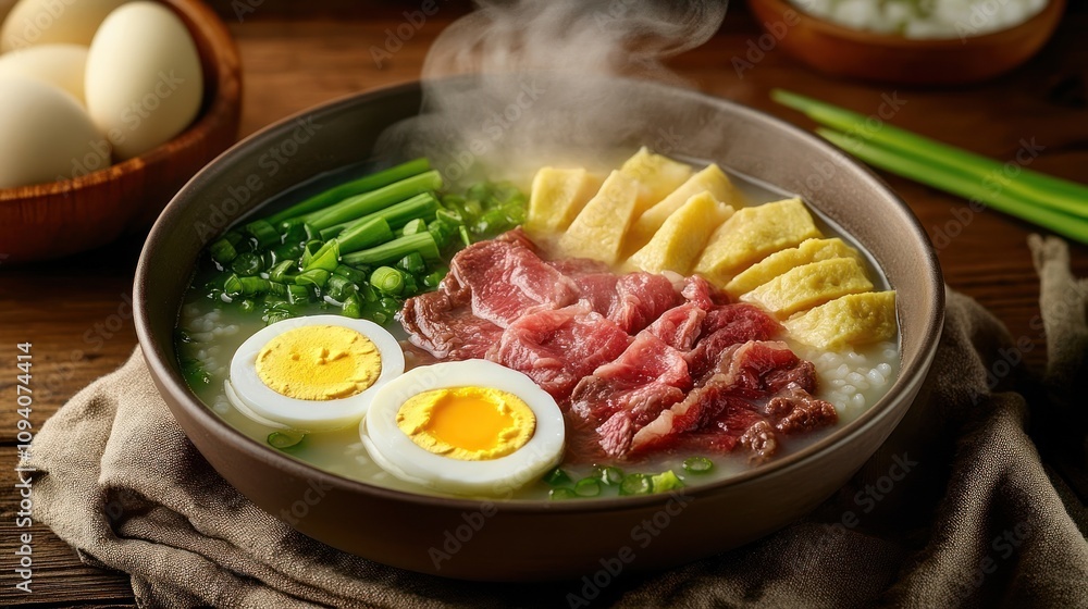 Steaming Bowl Of Beef And Egg Congee Steaming Bowl Of Beef And Egg Congee