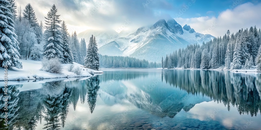 Serene Winter Landscape Snow-Covered Coniferous Forest Mirrored in a Still, Crystal-Clear Lake Beside Majestic Mountains Serene Winter Landscape Snow-Covered Coniferous Forest Mirrored in a Still, Crystal-Clear Lake Beside Majestic Mountains