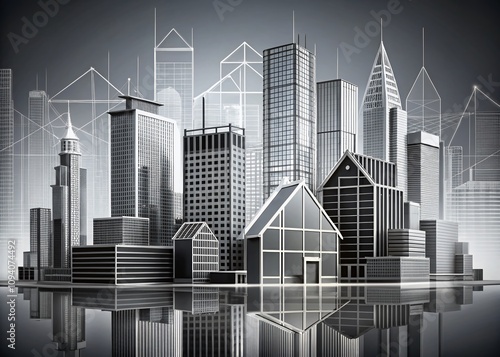 Trendy Monochrome Outline City Design Elements Featuring Houses and Buildings for Construction Theme Panorama Templates photo