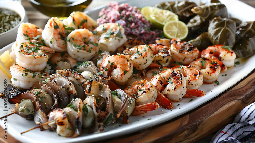 A platter of fresh and briny Greek-style seafood meze, featuring grilled calamari, marinated anchovies, shrimp saganaki, and stuffed grape leaves (dolmades).
